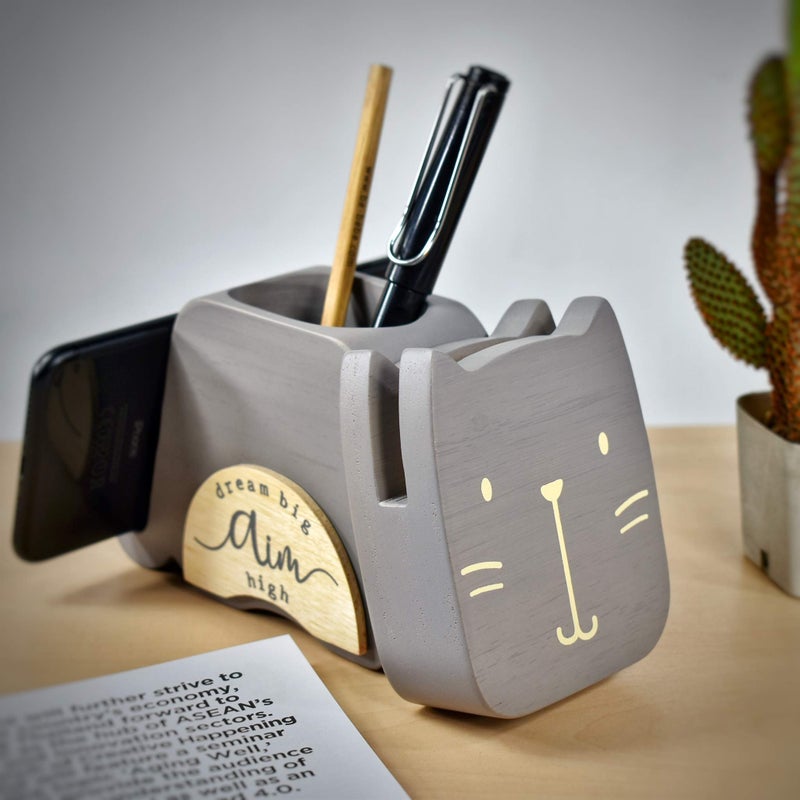 I'm Wood Multipurpose Eyeglass Phone Pen & Pencil Holder Stand Stationery Desk Organizer Accessories, For Home Office Desktop Decor Birthday Graduation Gifts â€œDream Big Aim Highâ€ (Cat) - Image 5